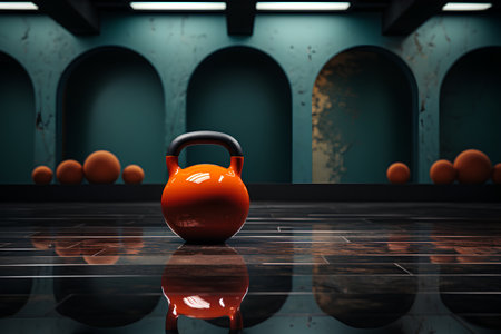 Kettlebell in a room with a brick wall, 3d renderの素材