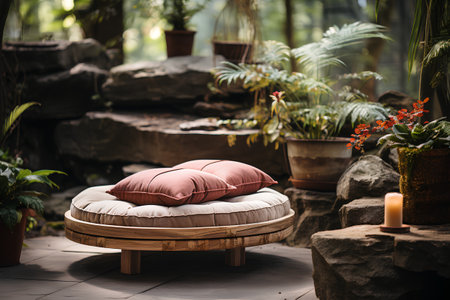Pillow and chair in the garden, vintage color tone.の素材