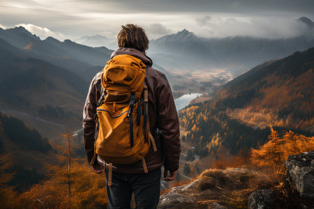 Man with a backpack standing on the edge of a cliff and looking at the valley.の素材
