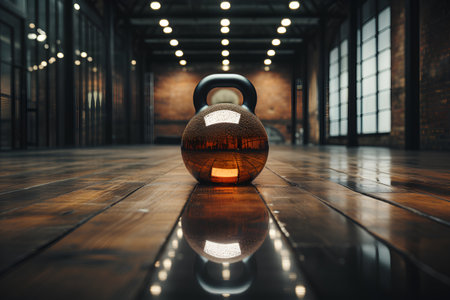 3d rendering of a kettlebell in a dark room with reflectionsの素材
