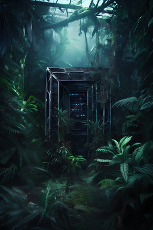 3d rendering of a deep forest with neon light in the darkの素材