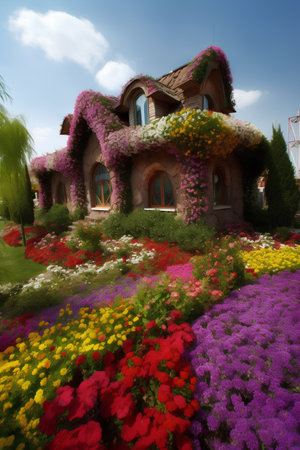 Colorful flowers in the garden with beautiful house, 3d renderの素材