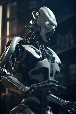 3d rendering humanoid robot in a warehouse with lights in the backgroundの素材