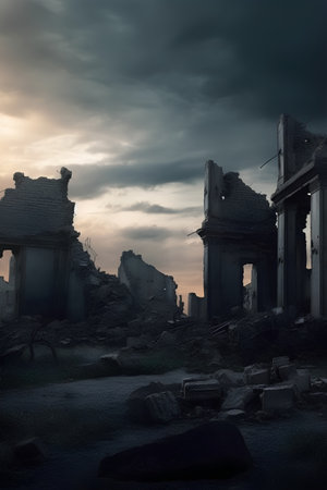 Ruins of an old house in a dark room with dramatic skyの素材