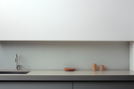 Interior of modern kitchen with gray walls, concrete floor, gray countertops and wooden cupboards. 3d renderingの素材