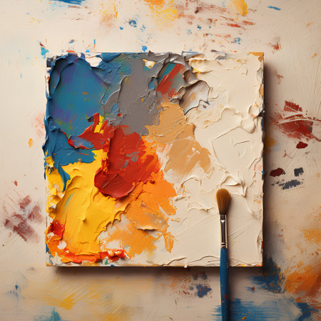 Painting palette with oil paints and a brush. Abstract background.の素材
