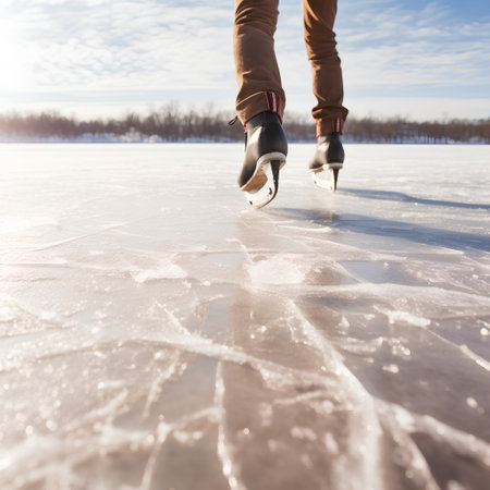 Close-up of woman ice skating on frozen lake in sunny dayの素材