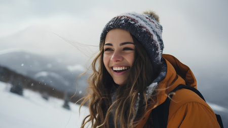 Beautiful young woman with long hair in a warm jacket and hat on the background of a snowy mountainの素材