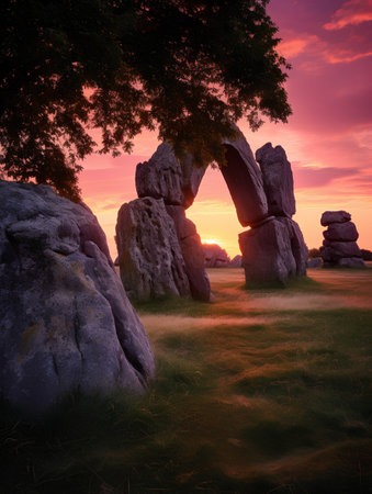 Stone arch at sunset in Carnac, Brittany, France. 3D renderingの素材