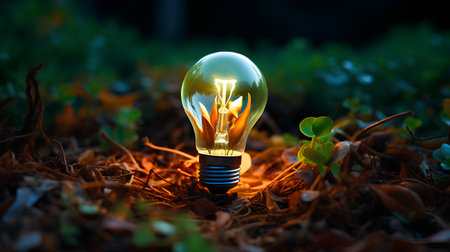 Light bulb on the ground with green leaves in the forest. Concept of idea.の素材