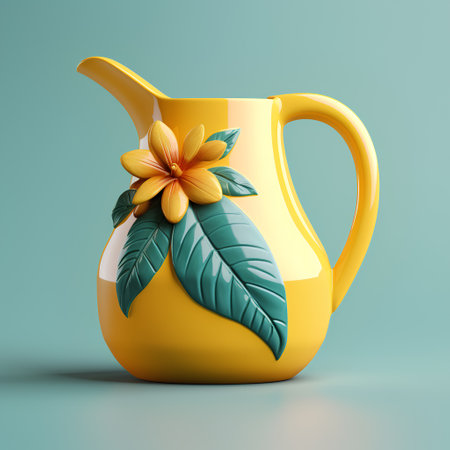 Yellow ceramic jug with yellow flower and green leaves. 3d renderingの素材