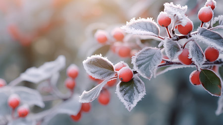 Frozen rosehip branch with red berries covered with hoarfrostの素材