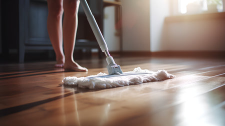 Close-up of a young woman mopping the floor at homeの素材