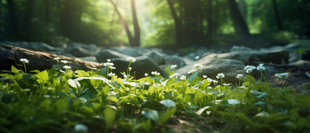 Beautiful wild flowers in the forest. Spring landscape. Nature background.の素材