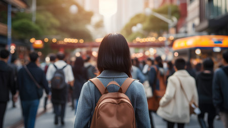 Back view of asian woman traveler with backpack walking in the city street.の素材