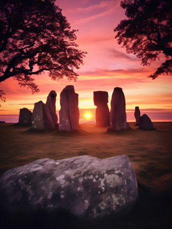 Stonehenge at sunset, England, UK. 3D renderの素材