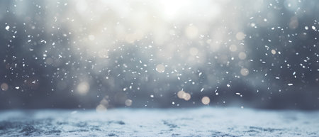 Winter background with falling snowflakes and bokeh lights.の素材