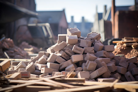 Pile of bricks at construction site. Industrial background. Selective focus.の素材