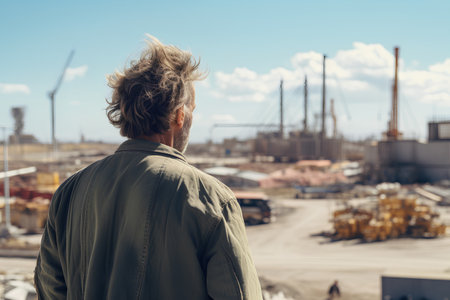 Back view of young man with blond hair looking at industrial port.の素材