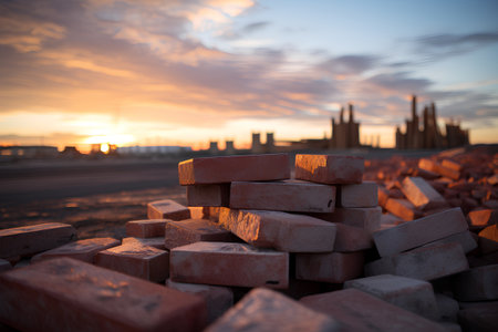 Brick wall on construction site with sunset sky and city background.の素材