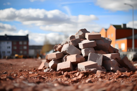 construction site with heap of bricks, blue sky and white cloudsの素材