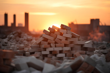 Conceptual image of a tower made of bricks on a background of the sunsetの素材