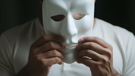 Man in white shirt holding white mask in hands. Close up.の素材