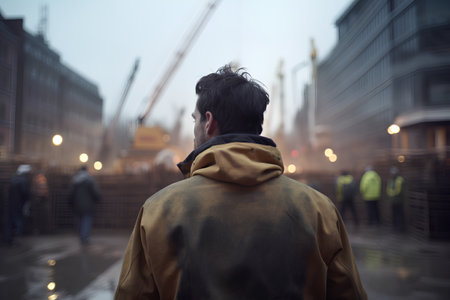 Rear view of a young man in a yellow raincoat on the background of the cityの素材