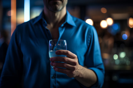 Close-up of a man in a blue shirt holding a glass of wine.の素材