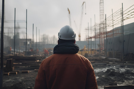 A man in a helmet and a jacket stands on a construction site.の素材