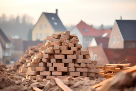 Building a house from blocks of bricks. Construction of a new house.の素材