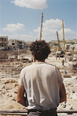 Portrait of a young man standing on a construction site looking at the horizonの素材