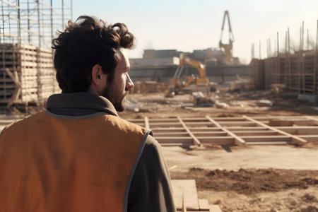 Side view of young handsome bearded construction worker in yellow jacket standing on construction site and looking awayの素材