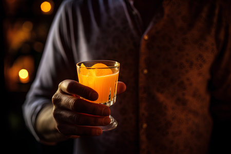 Barman hand holding glass of orange cocktail with ice on blurred backgroundの素材