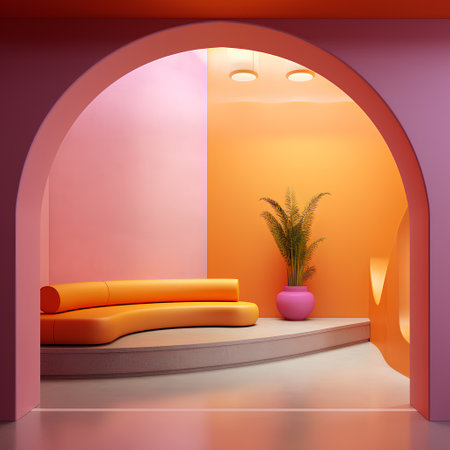 Interior of modern living room with orange walls, concrete floor, orange sofa and round arch. 3d renderingの素材