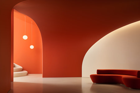 Interior of modern bright room with red walls, concrete floor and red sofa. 3d renderingの素材