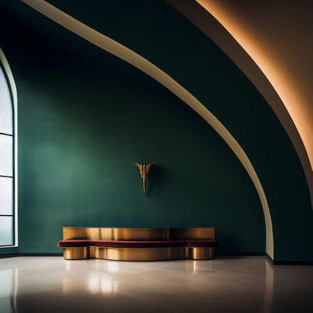 Minimalist interior with golden pedestal on green wall. 3d renderの素材