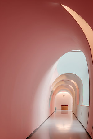 Modern corridor with red walls, 3d rendering. Computer digital drawing.の素材