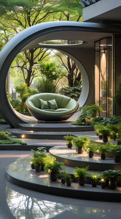 3d render of modern living room with green sofa in the gardenの素材