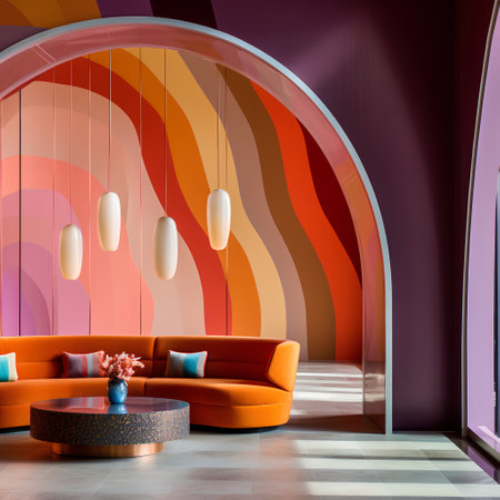 Interior of modern living room with orange sofa, round mirror and decorative wall. 3d renderの素材