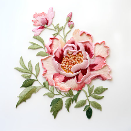 Embroidery flowers on white background. Flat lay, top view.の素材