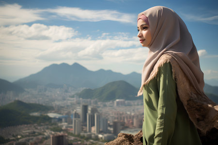 Portrait of beautiful muslim woman with hijab looking at the cityの素材
