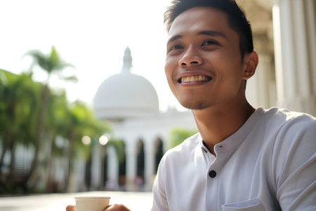 Portrait of a happy young man holding a cup of coffee outdoorsの素材