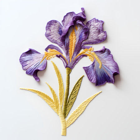 Purple iris flower on white background. Flat lay, top view.の素材