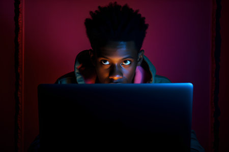 Portrait of young african american man using laptop at nightの素材