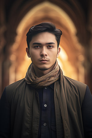 Portrait of a handsome young man wearing a coat and scarf.の素材