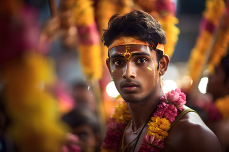 Hindu devotees perform religious rituals at Thaipusam festival in Kerala, Indiaの素材