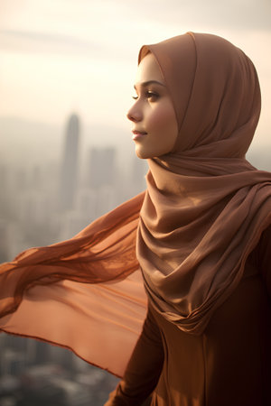 Muslim woman with hijab on the background of the city. 3d renderingの素材