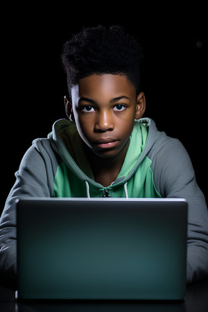 young african american teenager looking at camera while using laptop isolated on blackの素材