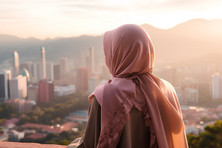 Hijab woman with cityscape in the background at sunset.の素材